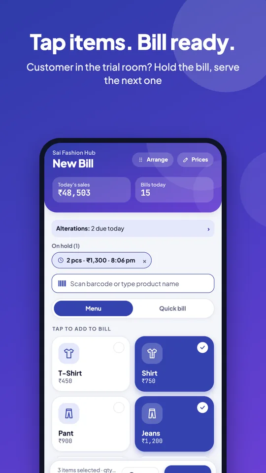 Tap & Bill Android billing screen with item tiles, the Hold button and a bill on hold