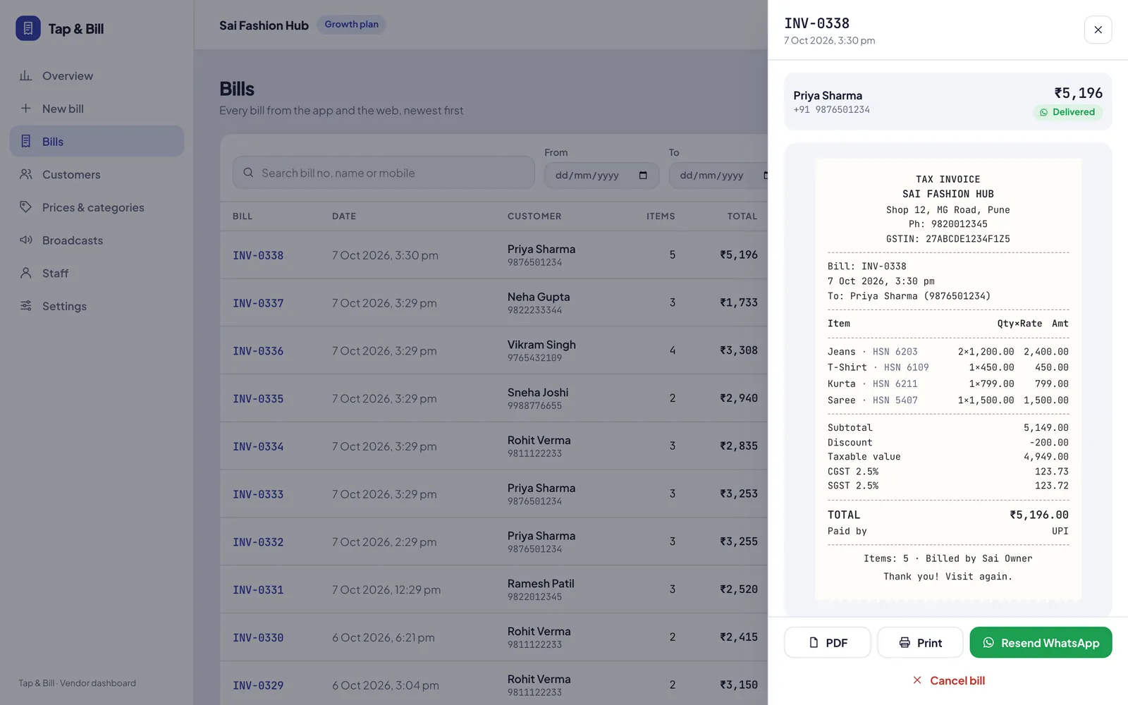 Bill detail with receipt preview, print, PDF and WhatsApp