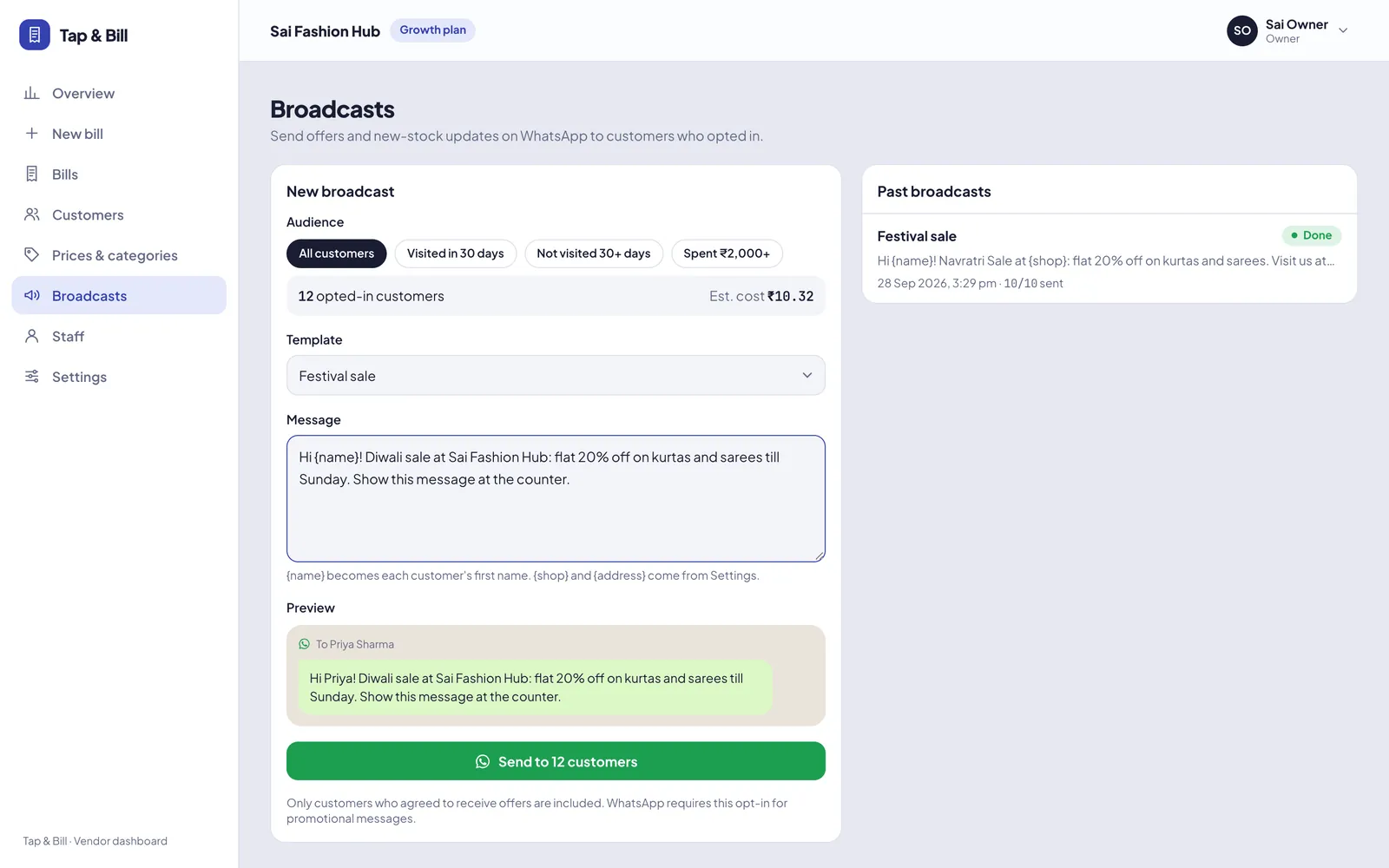 Bulk WhatsApp offer screen with audience filter, message with name and preview
