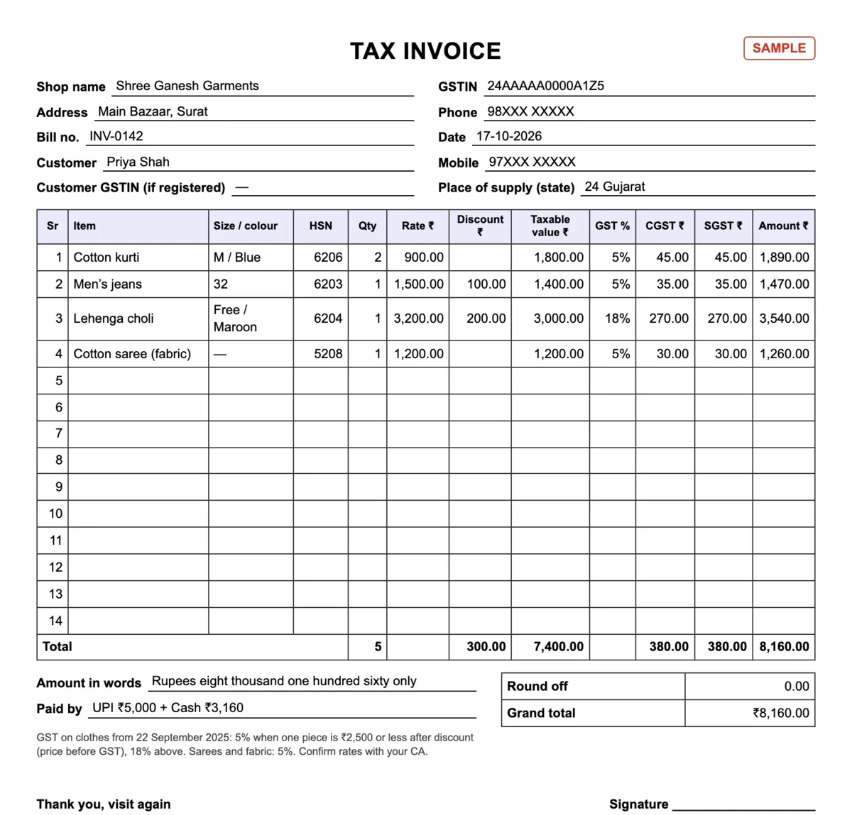 Cloth shop GST bill format filled in as a sample: kurti, jeans, lehenga and saree lines with size, HSN, GST 5% and 18%, CGST, SGST and total ₹8,160