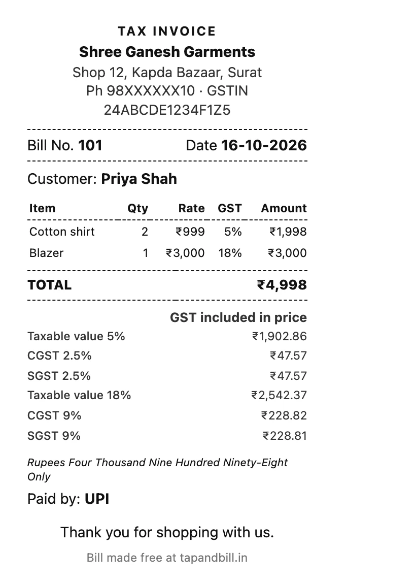 फ्री ऑनलाइन बिल मेकर से बना 80 mm बिल: टैक्स इनवॉइस, बिल नंबर, कॉटन शर्ट 5% और ब्लेज़र 18% GST, कुल ₹4,998