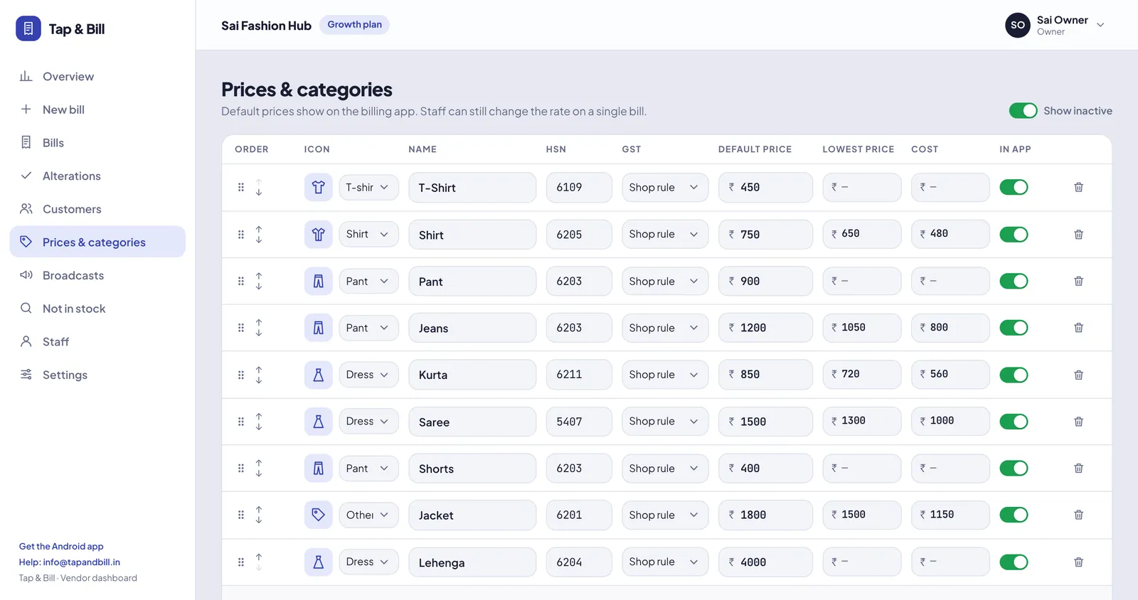 Prices and categories screen in Tap & Bill with lowest price and cost columns for each item