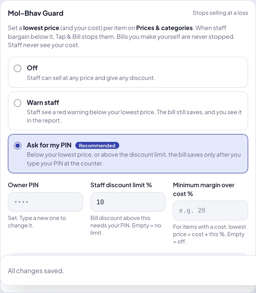 Mol-Bhav Guard settings in Tap & Bill: off, warn staff or ask for the owner PIN, with a staff discount limit