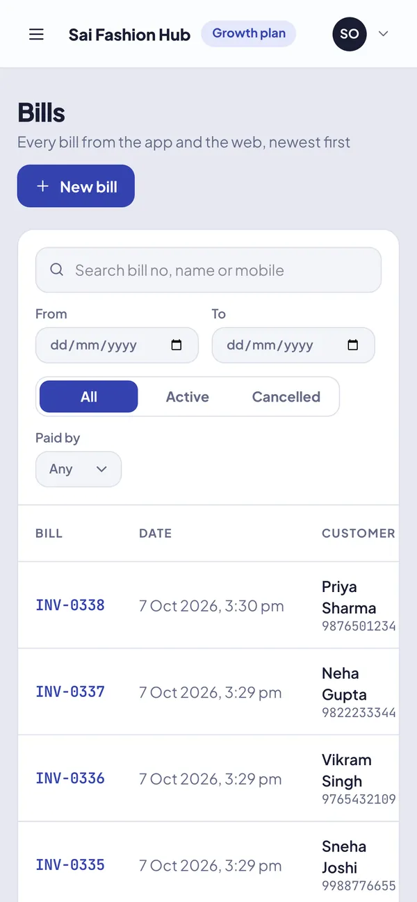 Bill history with WhatsApp delivery status on a phone screen