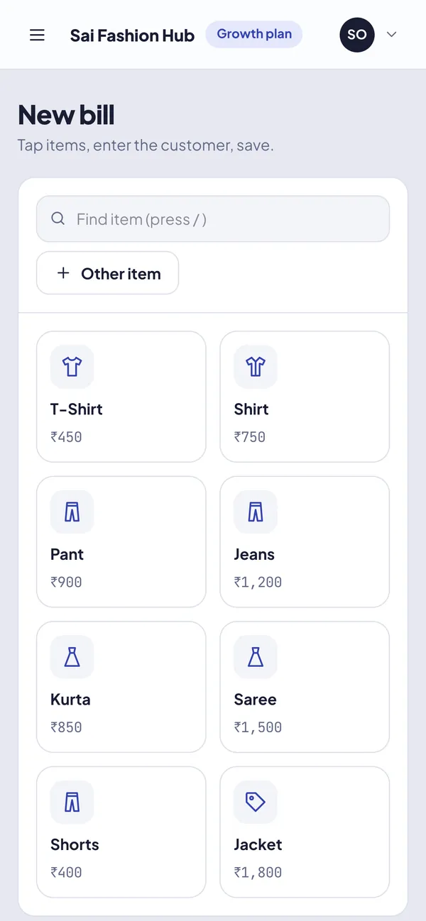 Tap & Bill new bill screen on a phone with clothing categories