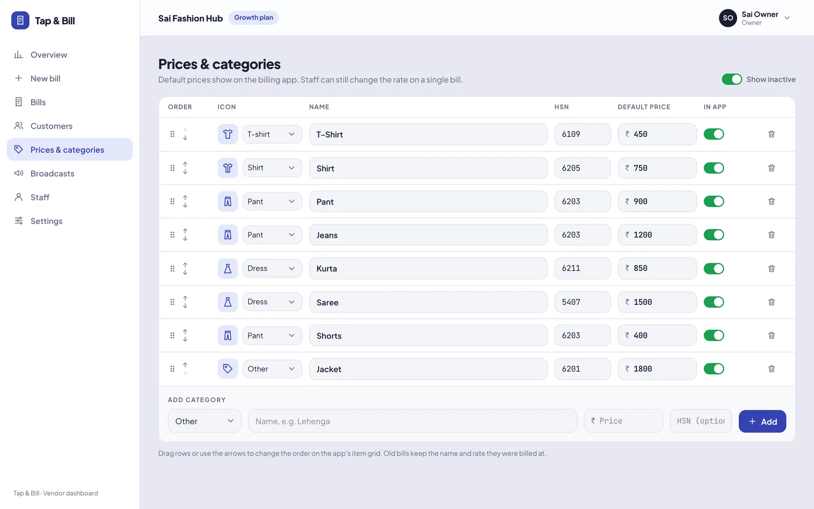 Prices and categories screen with HSN code per category
