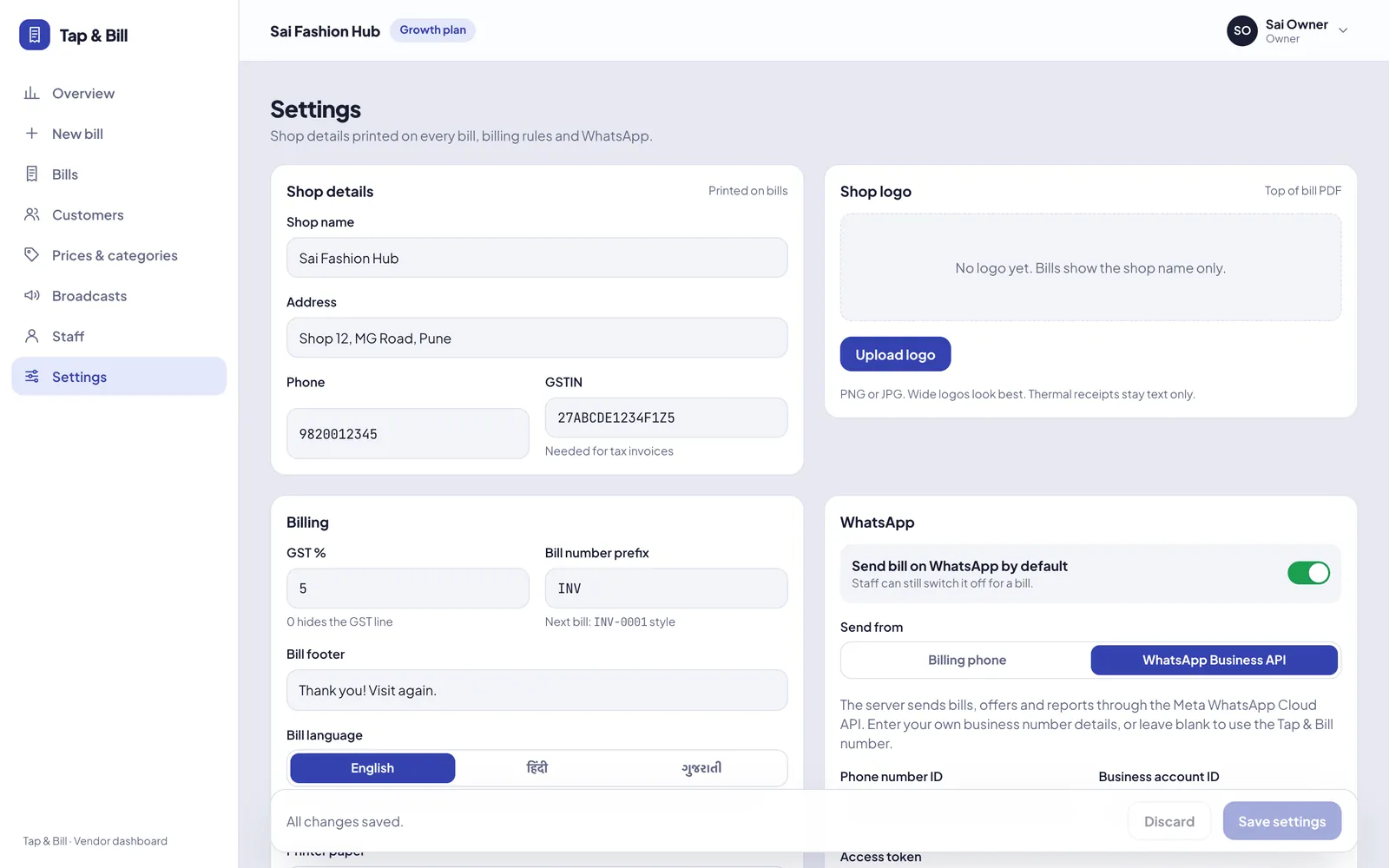 Tap & Bill settings with printer width, GST and bill language