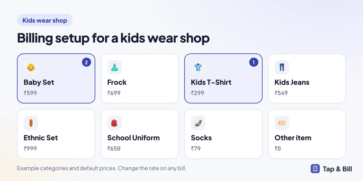 Example billing screen for a kids wear shop with category tiles and default prices