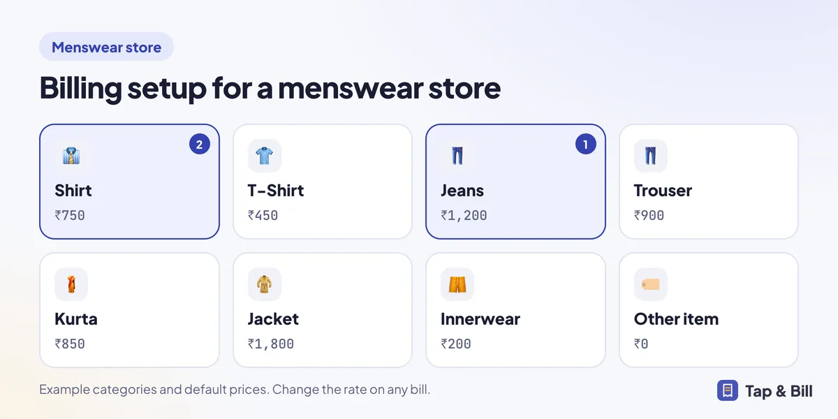 Example billing screen for a menswear store with category tiles and default prices
