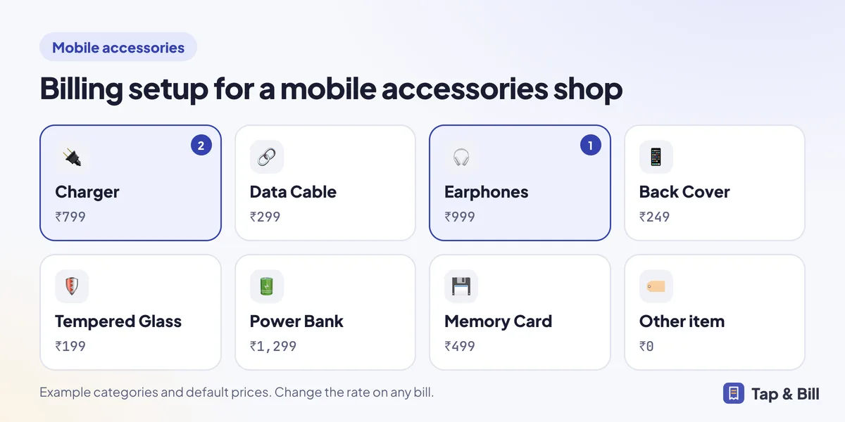 Example billing screen for a mobile accessories shop with category tiles and default prices