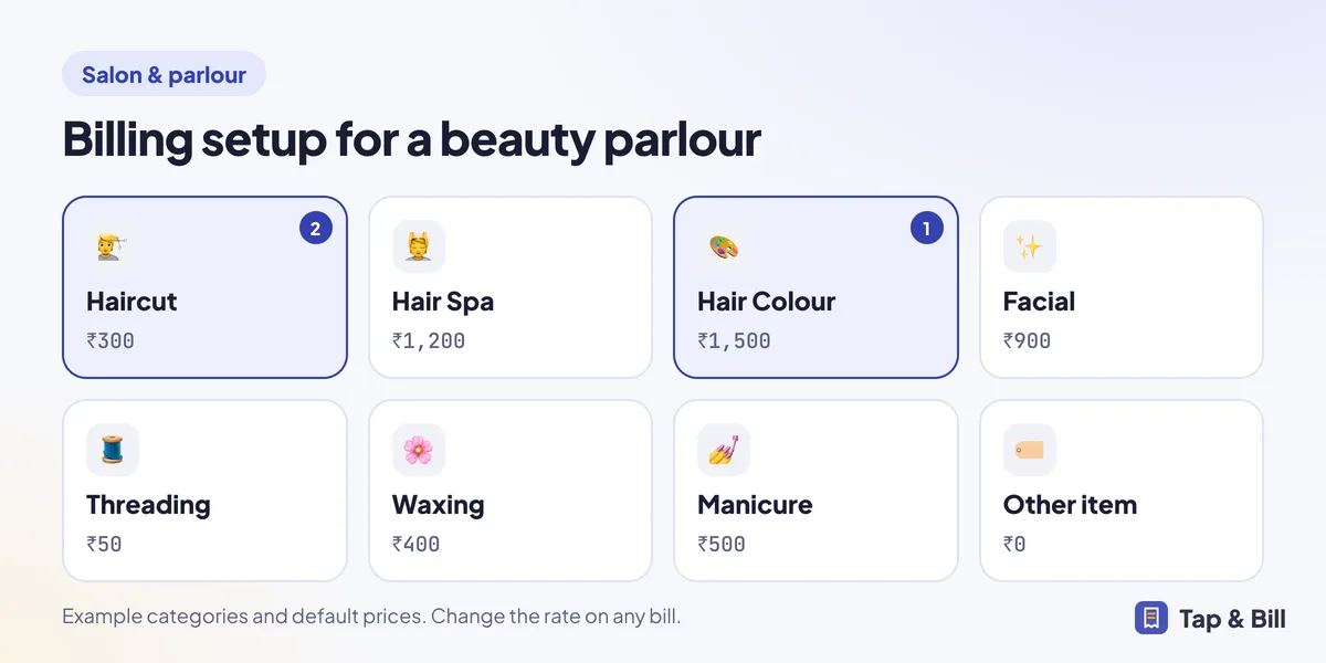 Example billing screen for a beauty parlour with service tiles and default prices