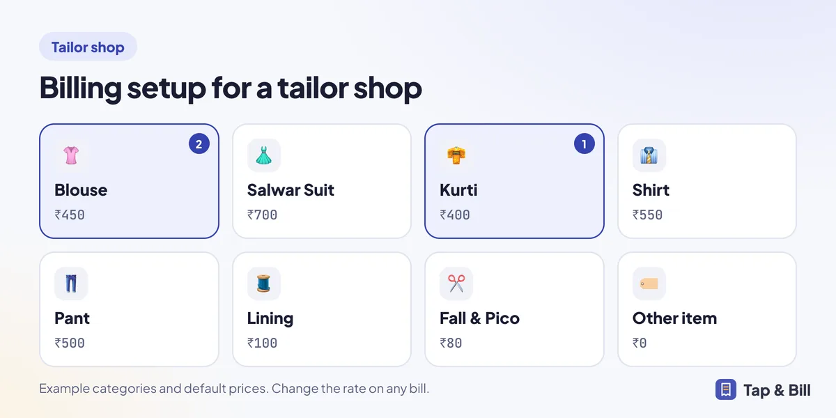 Example billing screen for a tailor shop with stitching tiles and default prices