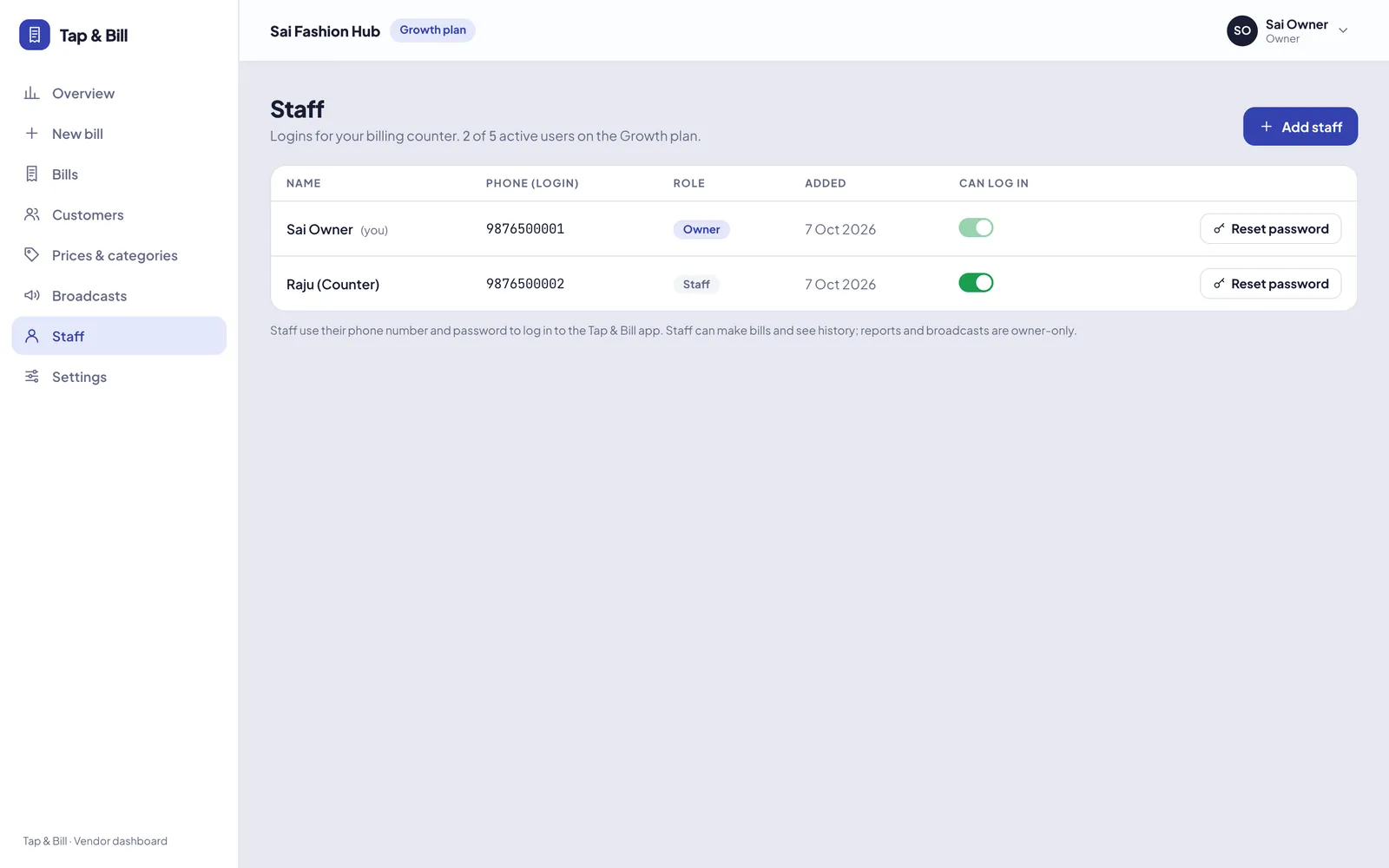 Staff logins screen with owner and counter staff roles