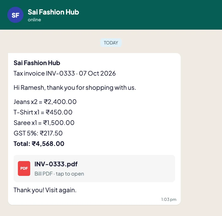 Customer receives the clothing shop bill and PDF on WhatsApp